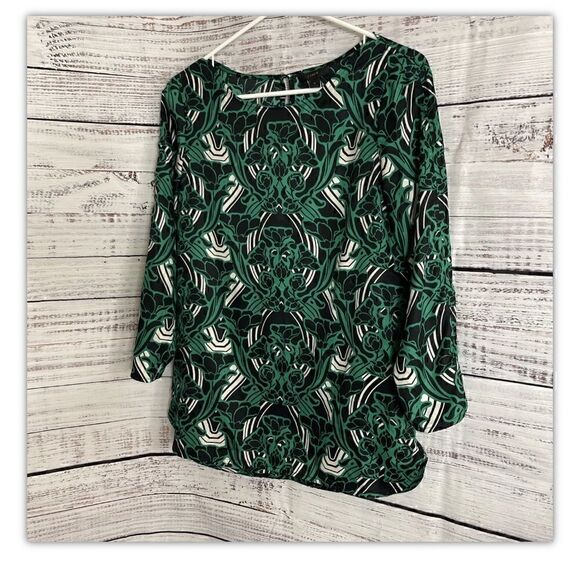 J.Crew Top Womens Size 0 Blouse Green 3/4 Sleeve Retro Floral Popover Round Neck - Picture 3 of 12